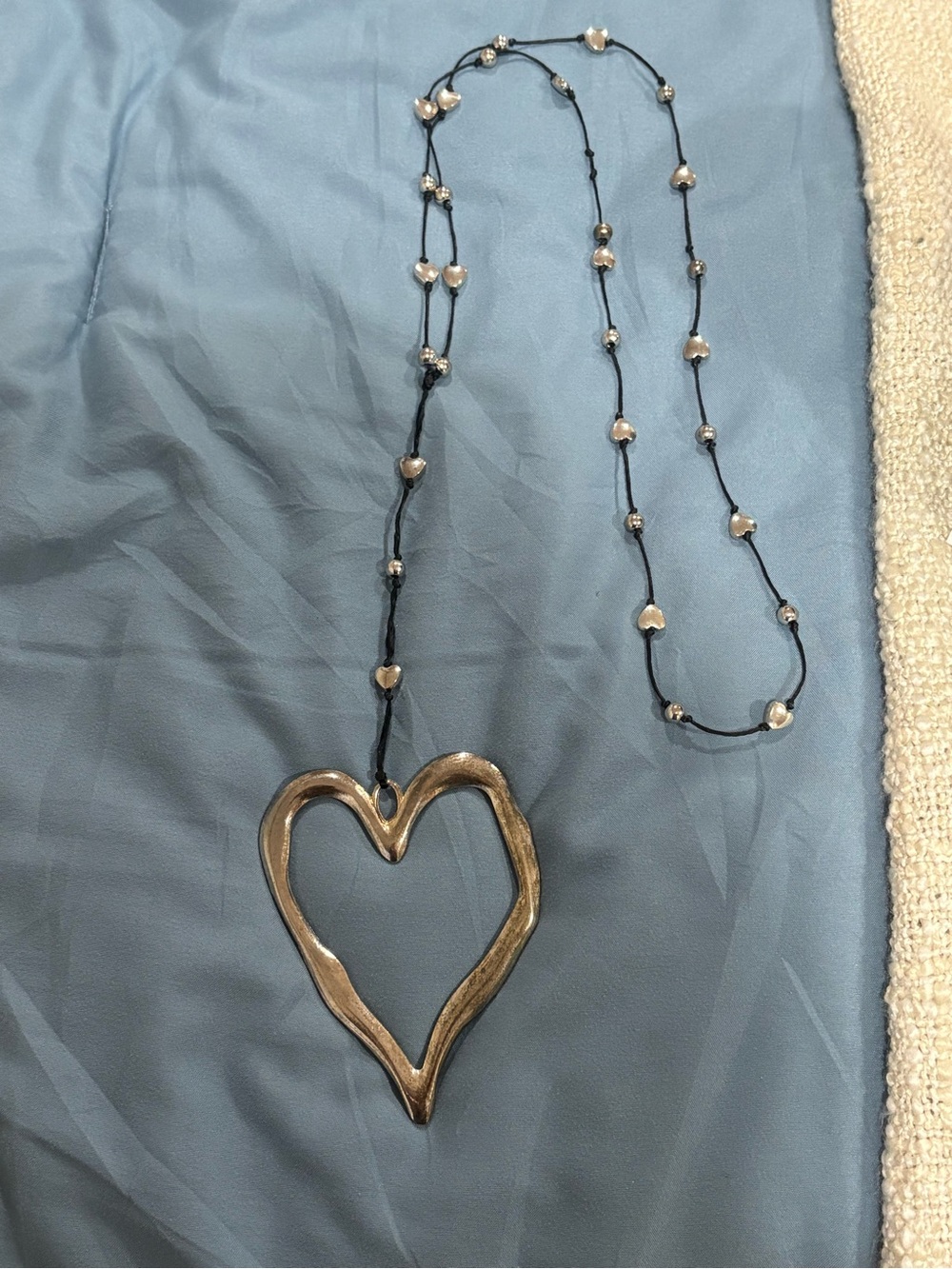 Heart Pendant Long Necklace - Silver Heart on Black Cord